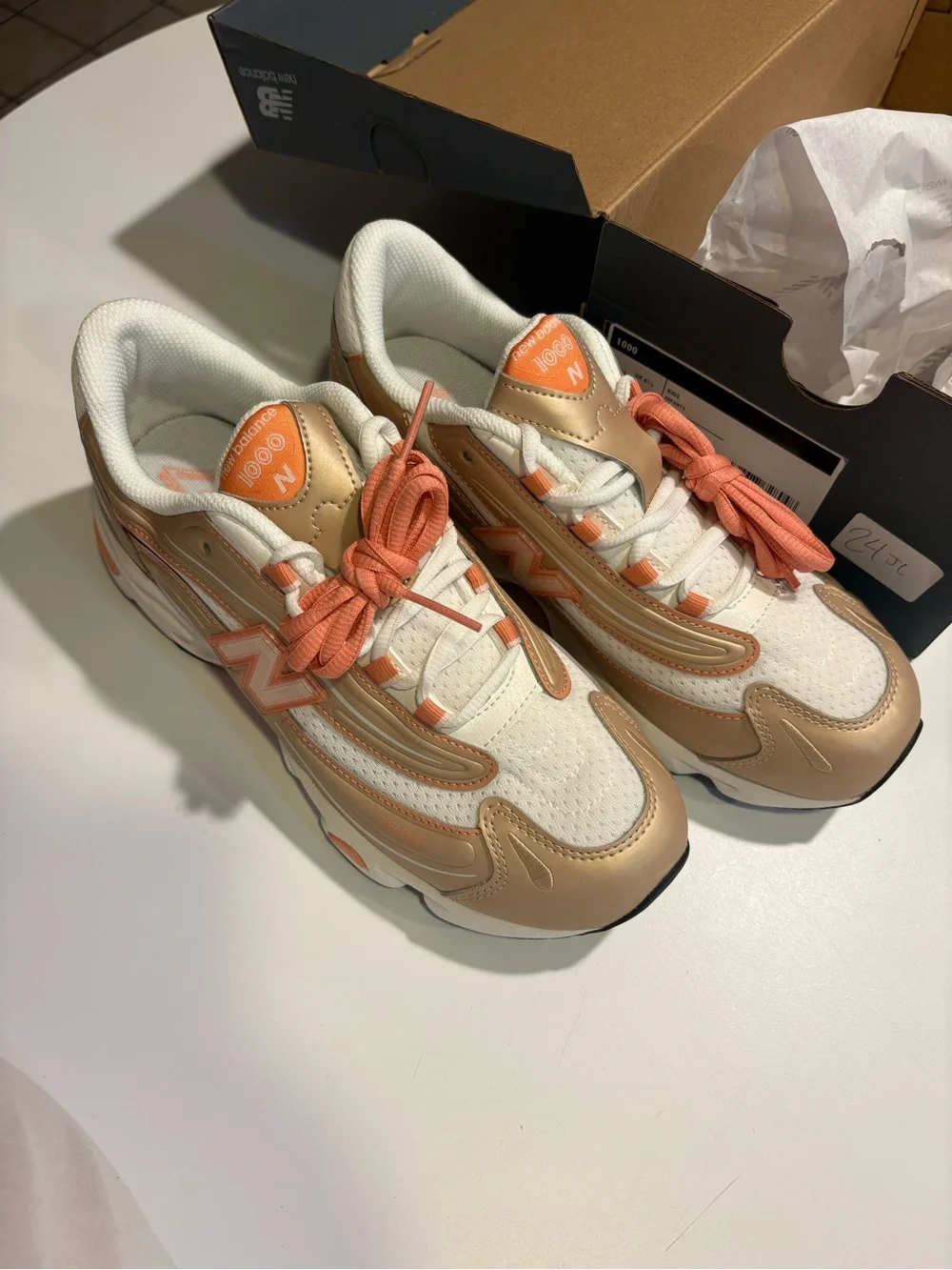 New Balance White and Peach Lace-Up Sneakers - Picture 2 of 3